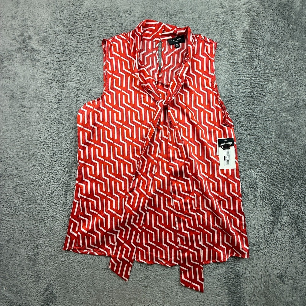 Tahari Womens Bow Neck Blouse Candy Red NWT Womens M Sleeveless Keyhole Back